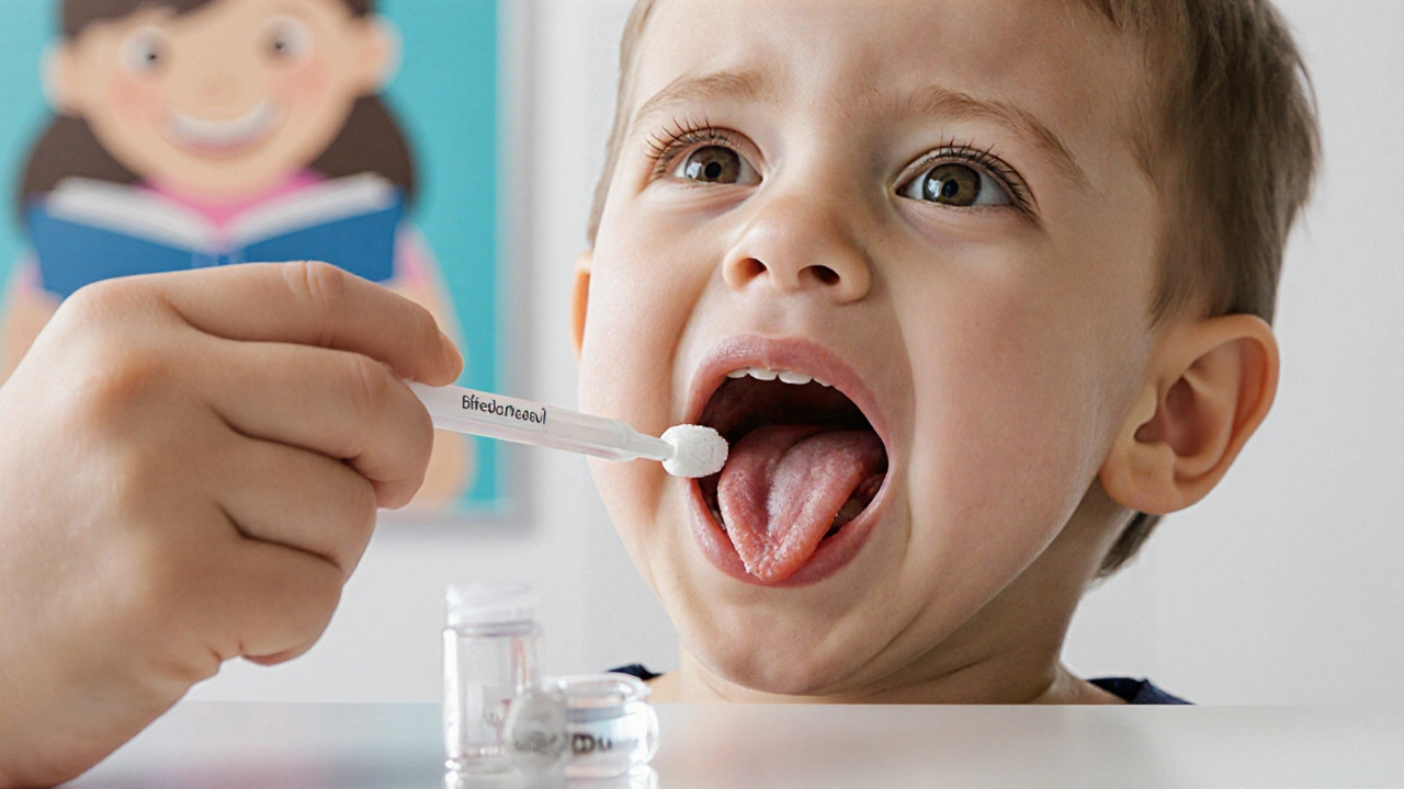 Pediatr provádí rychlý test na streptokok u dítěte, viditelné červené zádečky s bílými skvrnami.