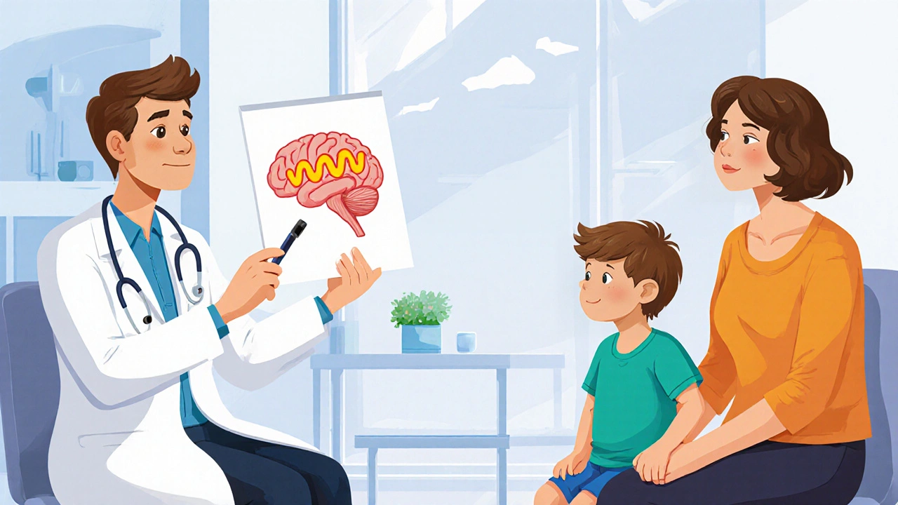 Pediátr vysvětluje rodičům febrilní křeč v klinice.