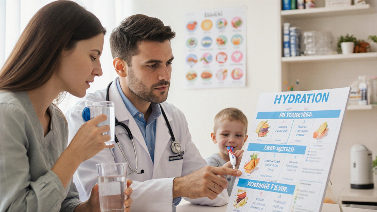 Pediatrik vysvětluje rodičům, jak dbát na hydrataci při horečce.