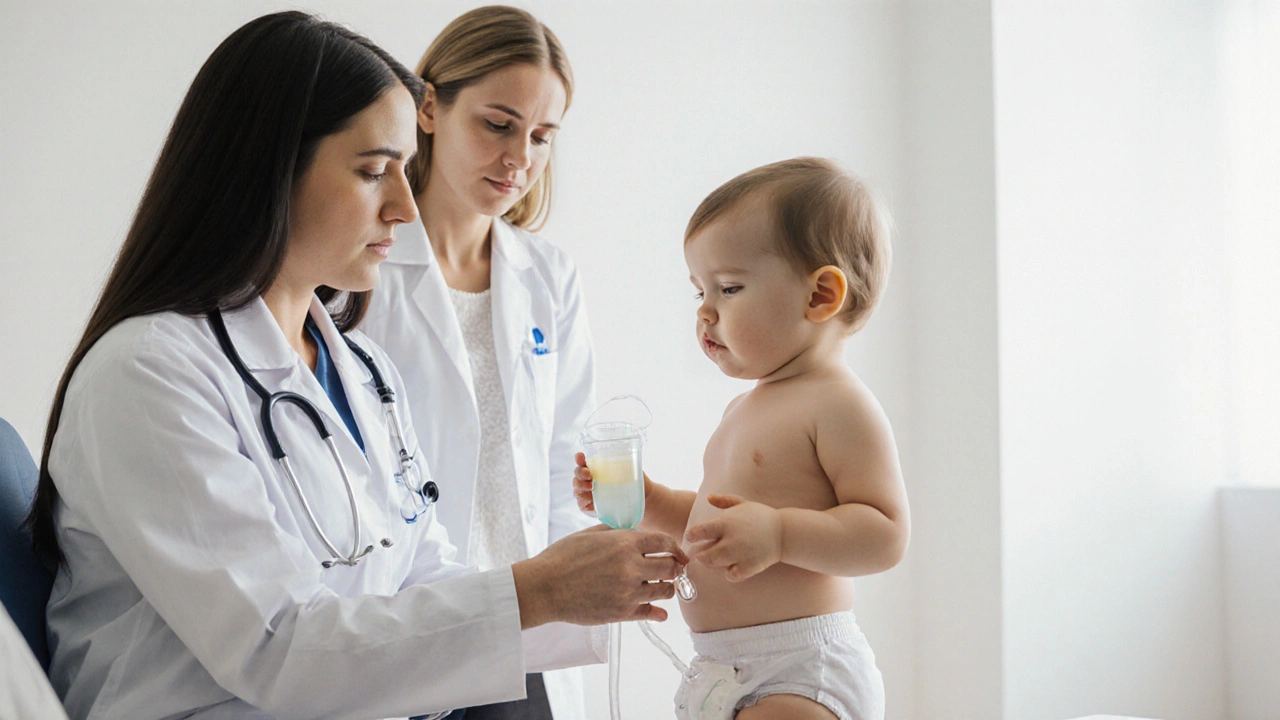 Pediatrik zkoumá moč u malého dítěte s sběrným sáčkem.