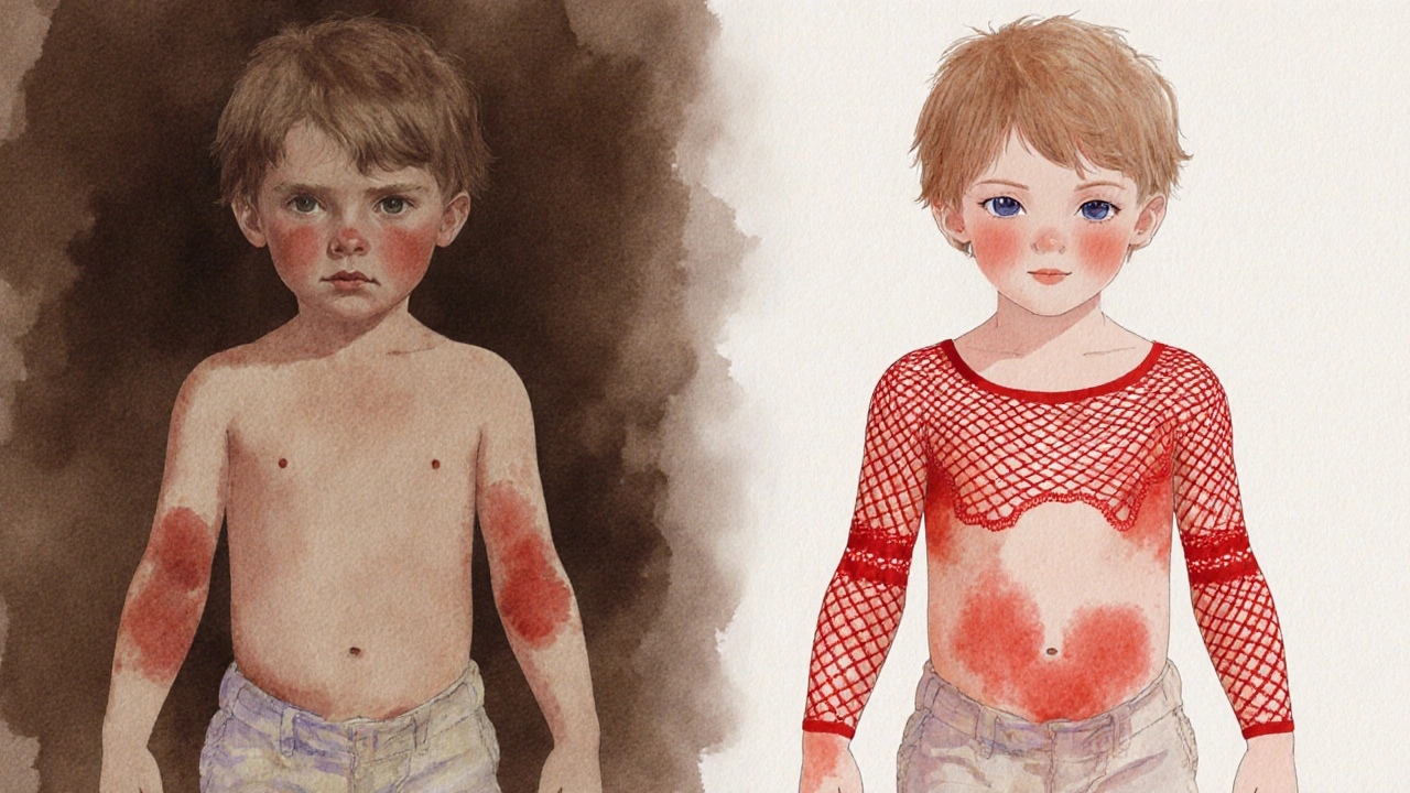 Postupné projevy vyrážky: nejprve horečka, pak pavučinový vzor na těle.