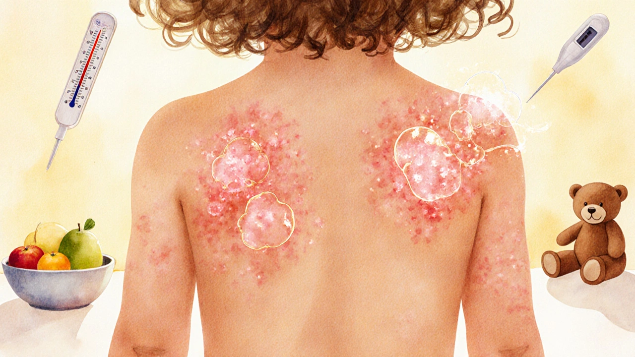 Přechodné kopřivky na kůži dítěte, jedny mizí, jiné vznikají.