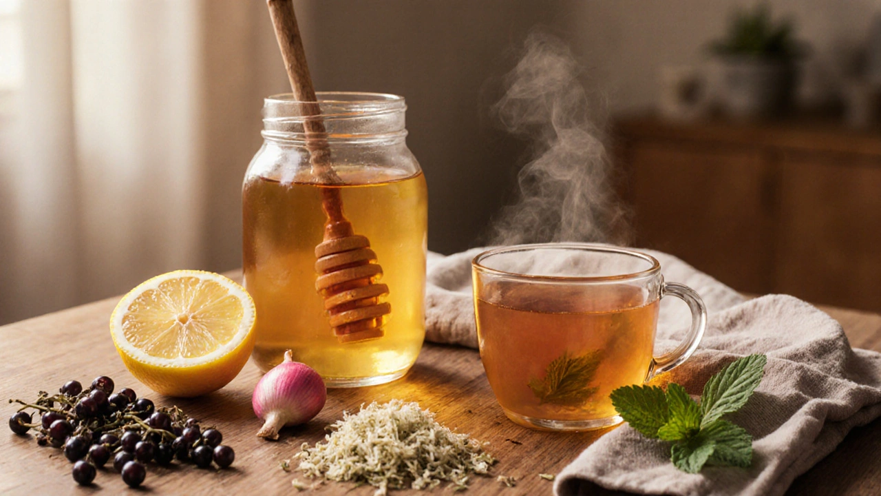 Přírodní léčebná stanice s medem, citronem, křenem a bylinami na dřevěném stole.