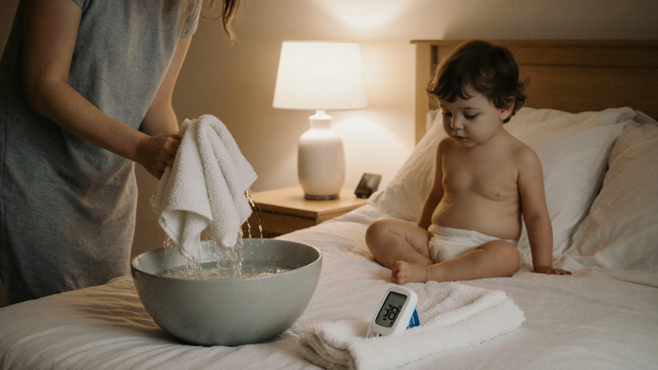 Rodič připravuje chladné vodní komprese pro dítě s horečkou v klidné ložnici.