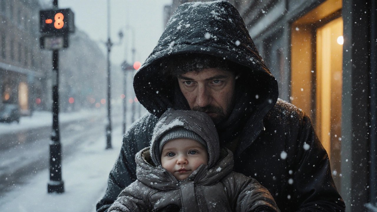 Rodič rychle vchází domů s miminkem v zimním počasí, chráněným před větrem a sněhem.