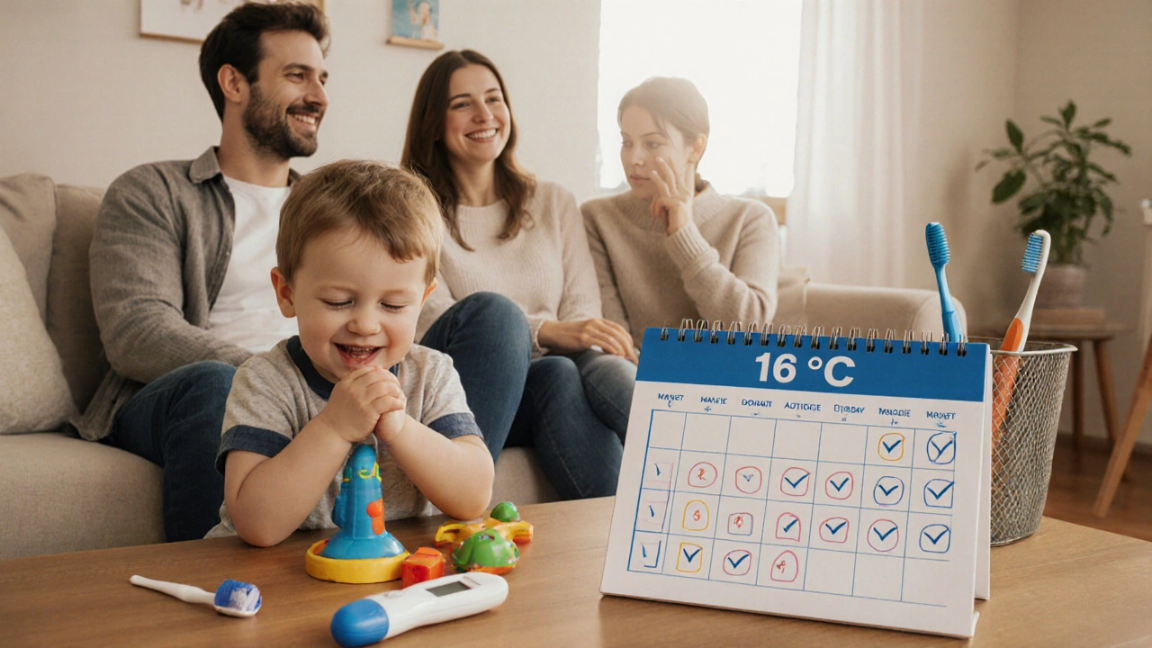 Rodina oslavuje pokles teploty po úspěšné léčbě streptokokové infekce.