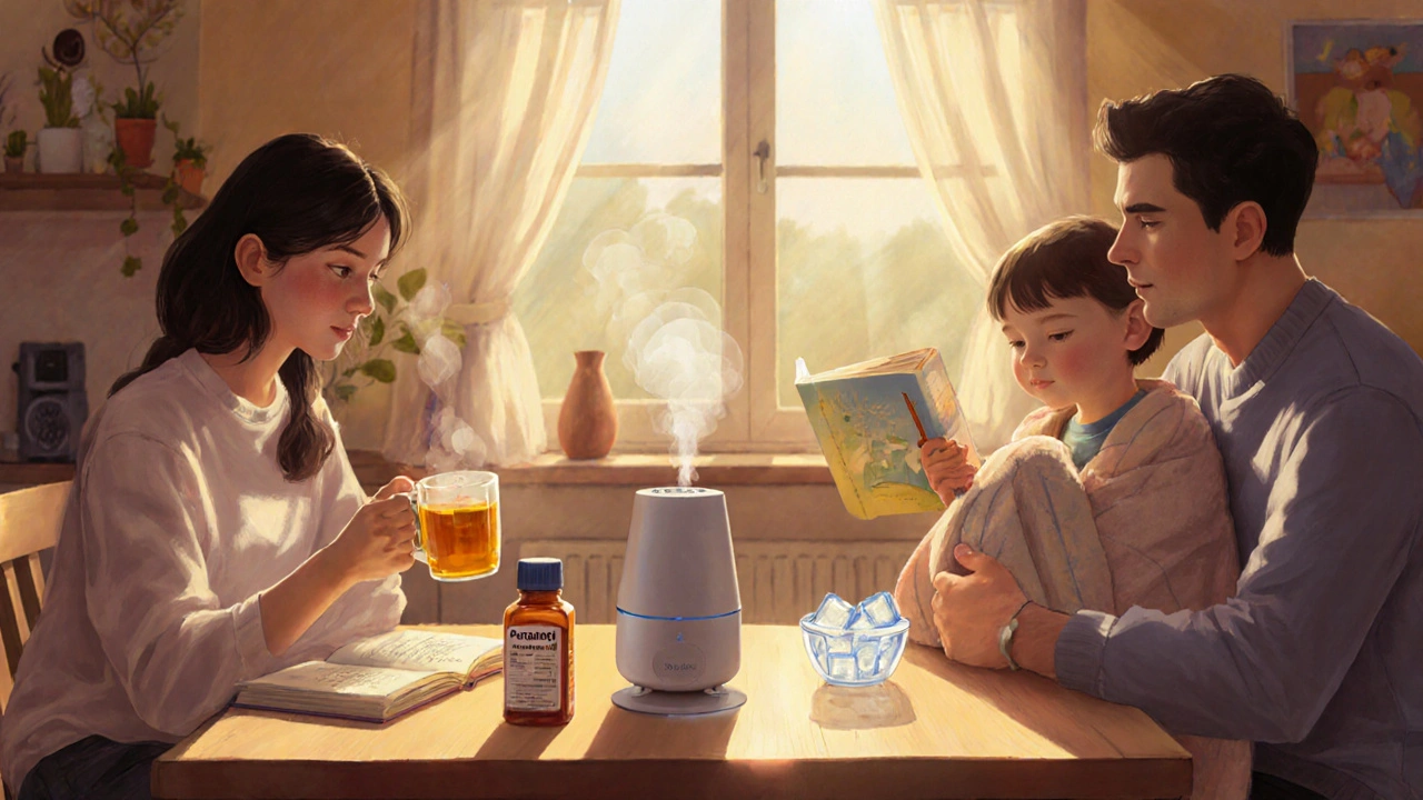 Rodina společně v kuchyni, matka podává vývar, otec čte dítěti knížku, vlhčovač vydává mlhu.