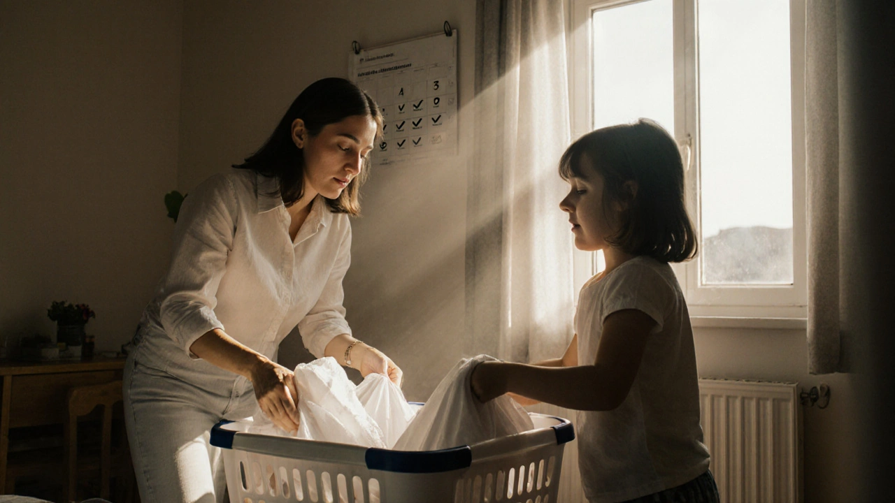 Rodina spolu skládá mokré prostěrady, smějí se a pracují společně.