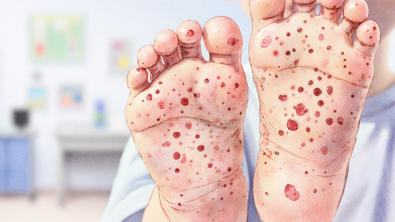 Ruce a nohy dítěte s malými červenými pupínky a vředy v ústech.