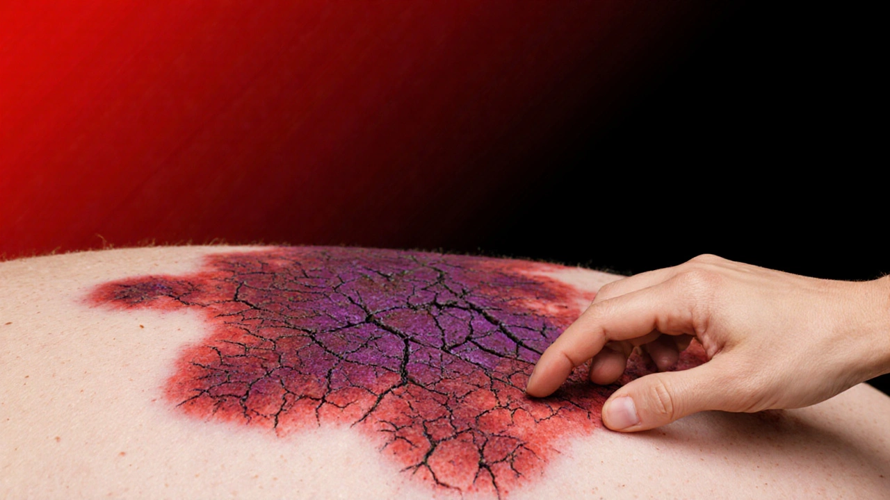 Rychle se šířící tmavě červená a fialová vyrážka na bledé kůži, symbolizující vážné onemocnění.