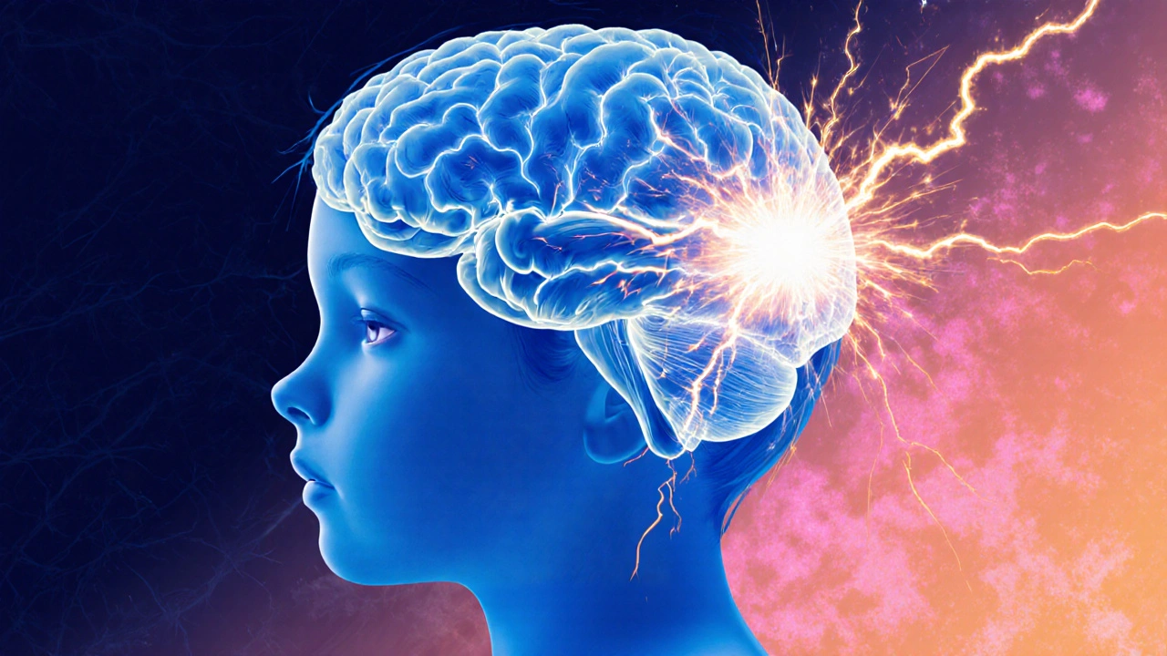 Schematic znázornění dětského mozku s elektrickým přerušením při rychlém nárůstu teploty.