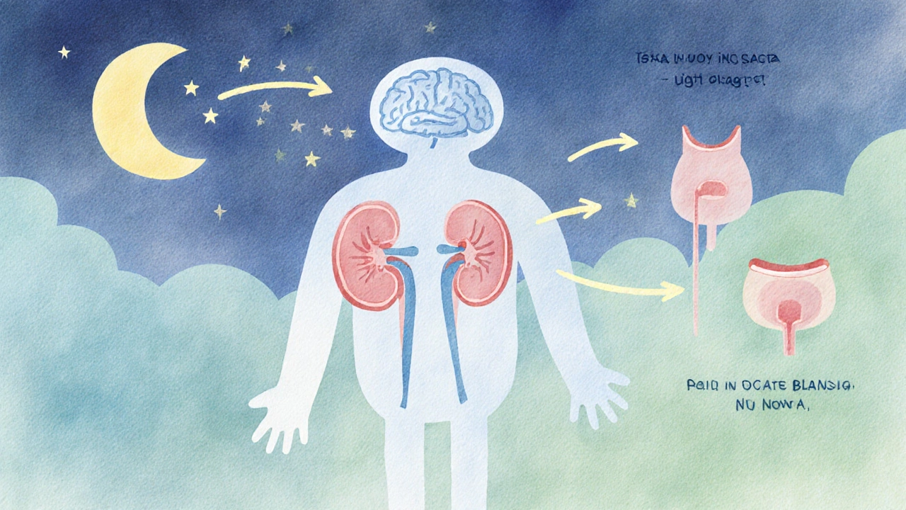 Schematický obrázek těla dítěte ukazující sníženou produkci ADH hormonu a malý močový měchýř v noci.