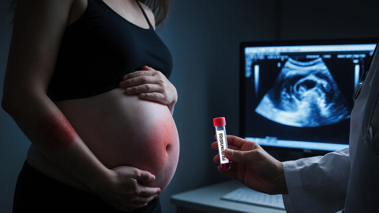 Těhotná žena s vyrážkou na paži, lékař drží krevní test pro parvovirus B19.