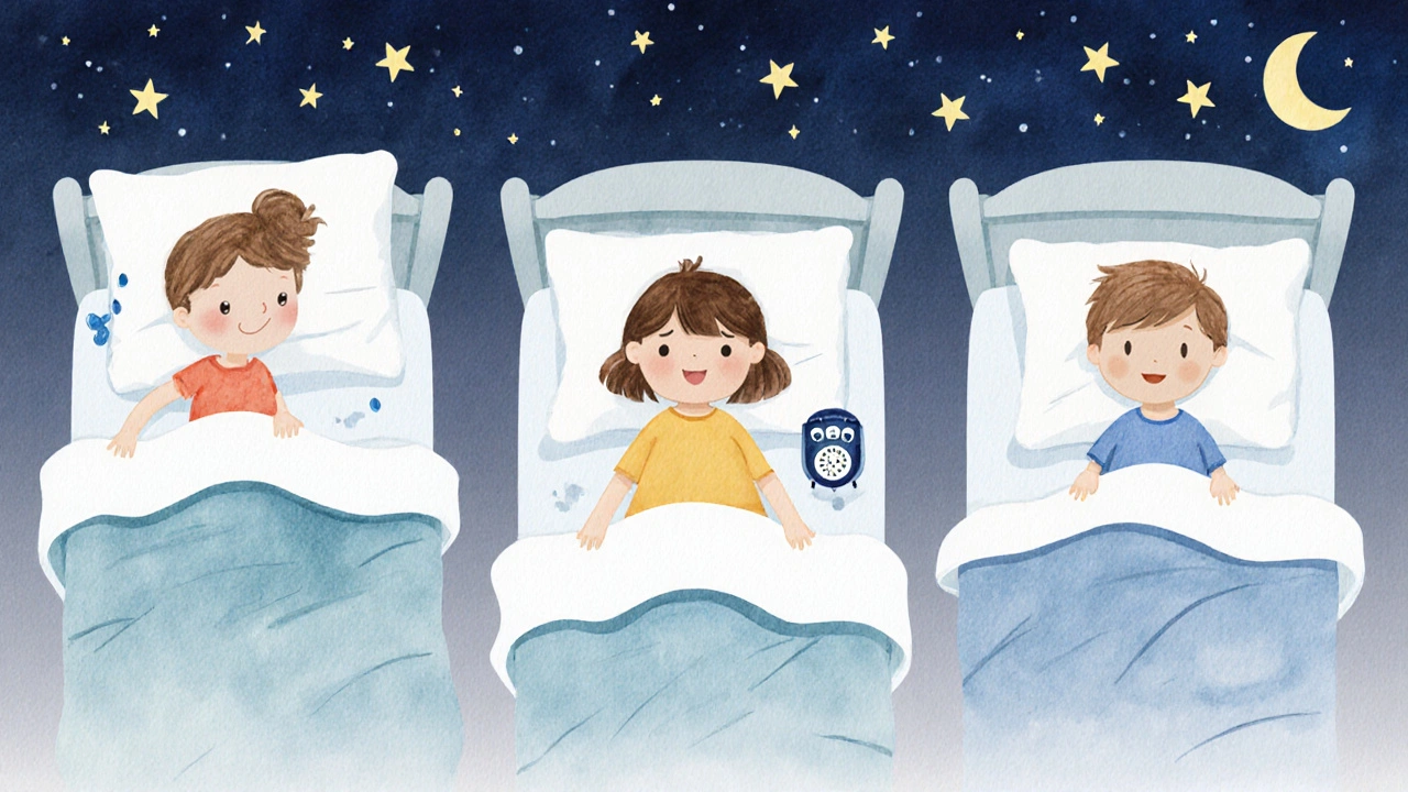 Tři děti různých věků v posteli s vizuálními indikátory nočního pomočování.