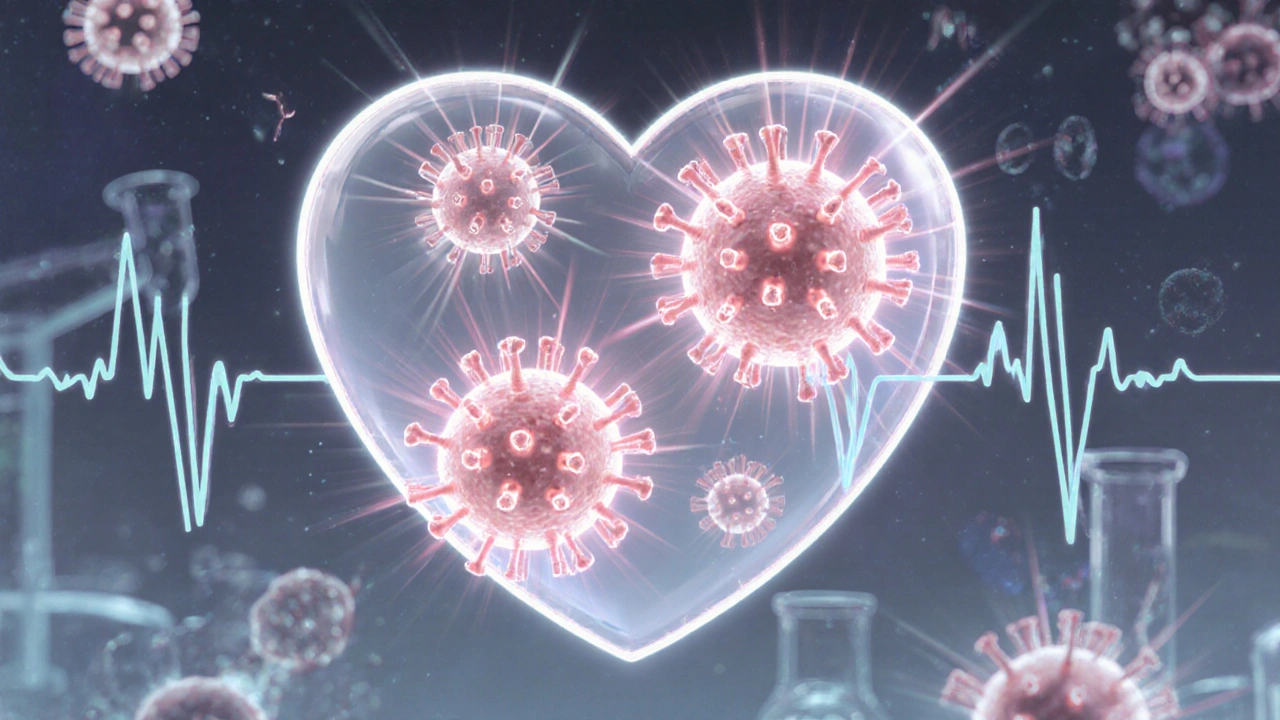 Tři svítící viry v ochranném štítu, který symbolizuje imunitu dítěte.