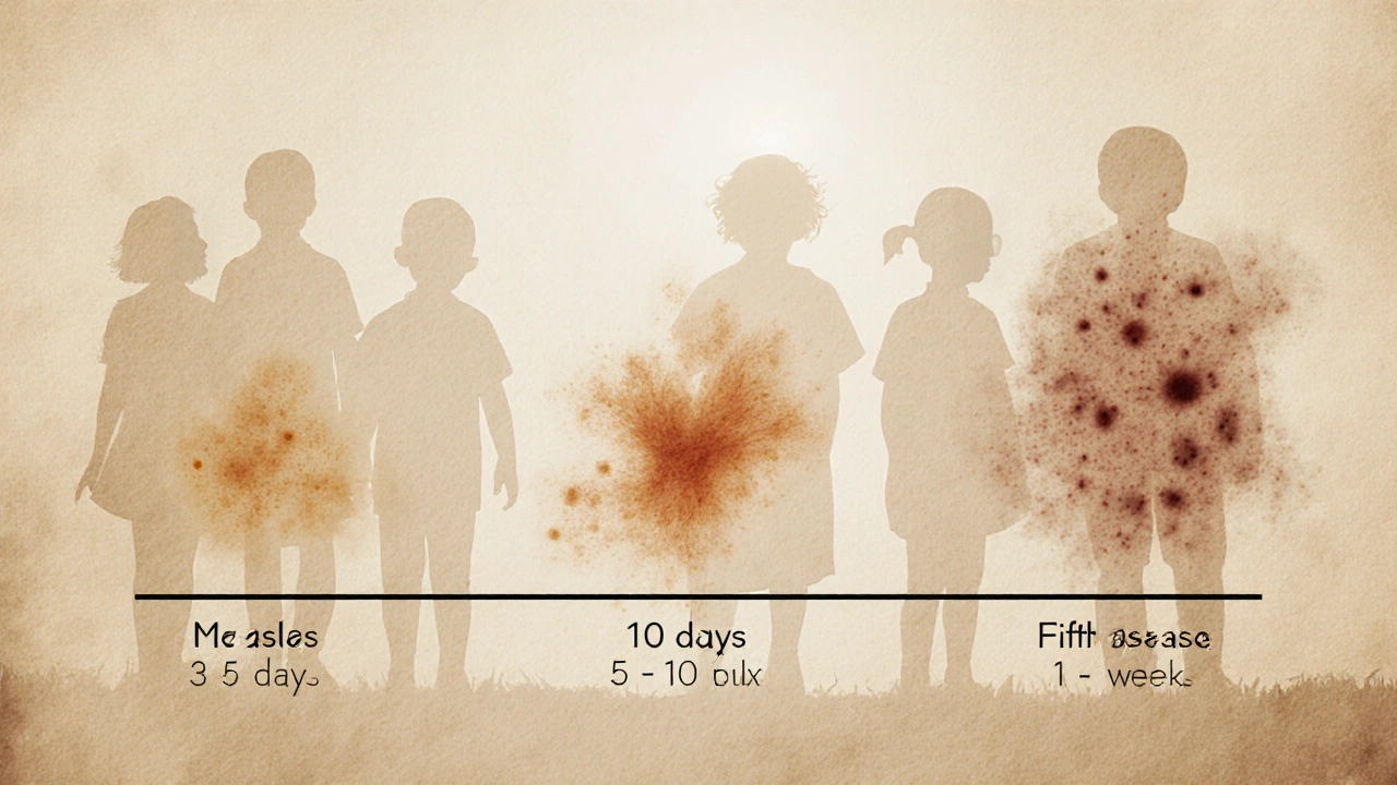 Tři vyrážky na pergamenovém papíře, znázorňující jejich trvání od 3 dní do 3 týdnů.