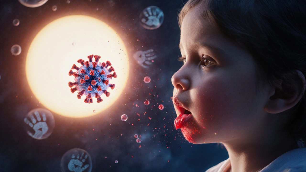 Virová částice se blíží k ústům dítěte, vřídky se objevují v hltanu, letní slunce na pozadí.