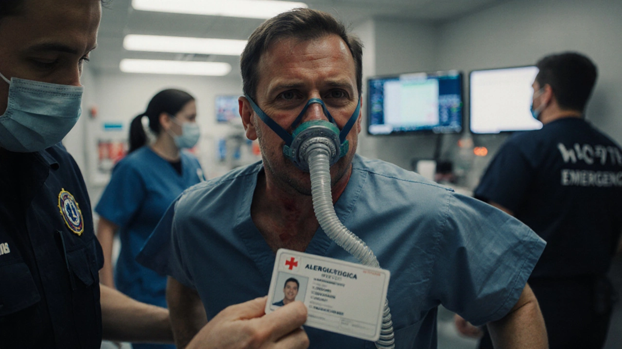 Záchranná služba v nemocnici, pacient s otoky a kardiotonem, alergologický průkaz v ruce