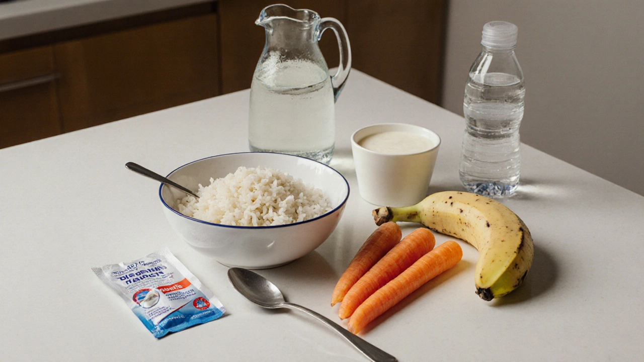 Zdravé potraviny pro dítě s horečkou: rýže, mrkev, banán a jogurt.