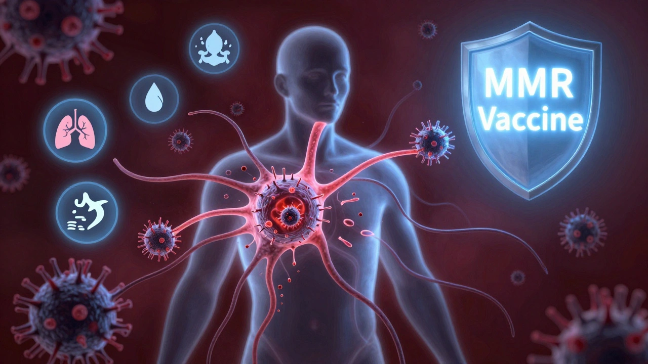 Abstraktní obrázek imunitního systému ničeného virusem spalniček, ochraňovaného očkováním.