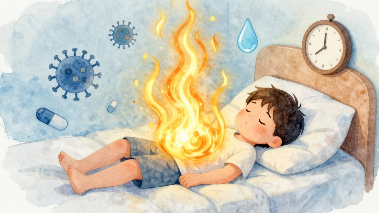 Abstraktní znázornění horečky jako zlatých vln nad dítětem v posteli