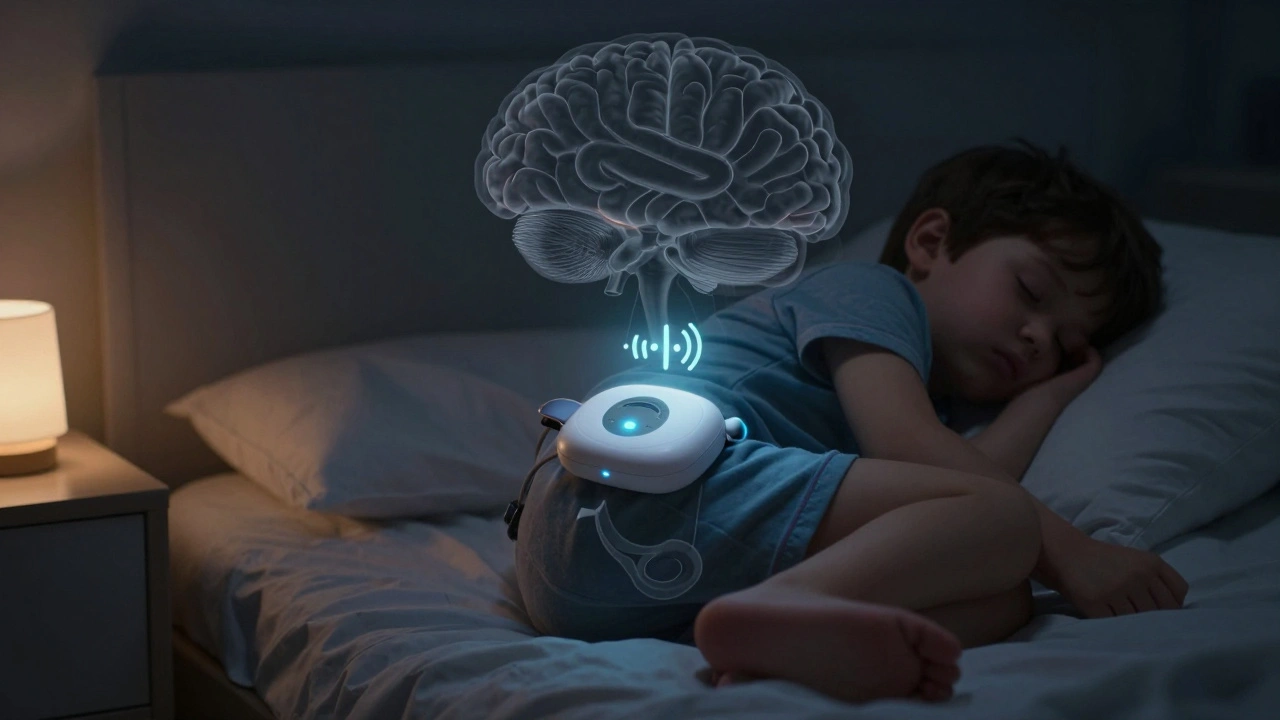 Alarm na močení je připnutý k pyžamu dítěte, ve tmě svítí jemné světlo.