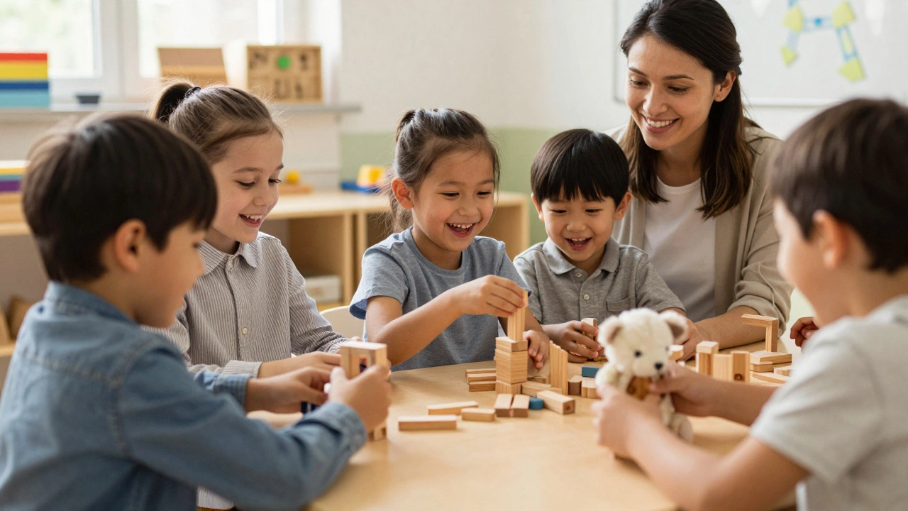Děti hrají v třídě, učitelka pozoruje, atmosféra klidu a zotavení.
