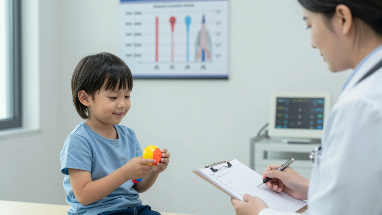 Dětský lékař vyšetřuje dítě v ordinaci s rodičem a záznamy teplot