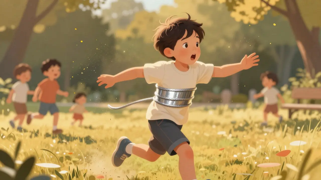 Dítě běží na hřišti, ale kolem hrudníku se těsní průdušky, kolem něj létají částice prachu.