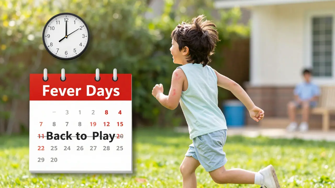 Dítě běží na zahradě s jemnou vyrážkou, znamenající konec nemoci a návrat ke hře.