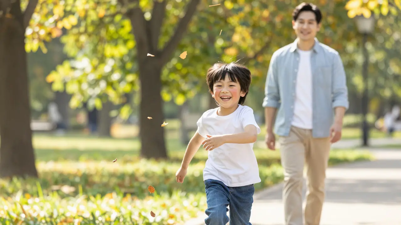 Dítě běží v parku po mírné reakci na očkování, plné energie a smíchu.