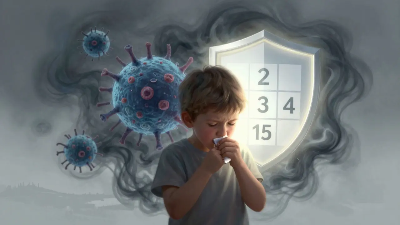 Dítě kašle, kolem něj se vznášejí bakterie, za ním září štít s daty očkování.