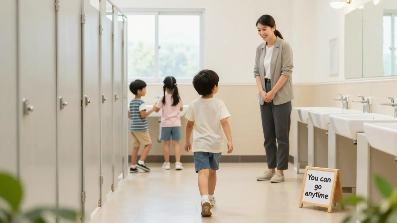 Dítě klidně vstupuje do školní záchodky během přestávky.