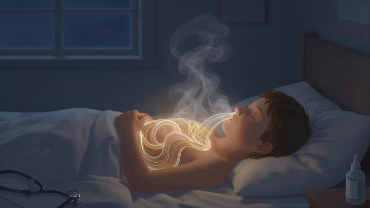 Dítě leží na boku, z jeho hrudníku se vyvíjí hlen, který se mění v páru ve vlhkém vzduchu.