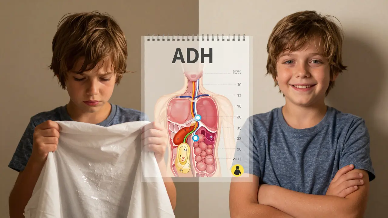 Dítě na jedné straně smutné s mokrou prostěradlem, na druhé straně šťastné s kalendářem sušených nocí.