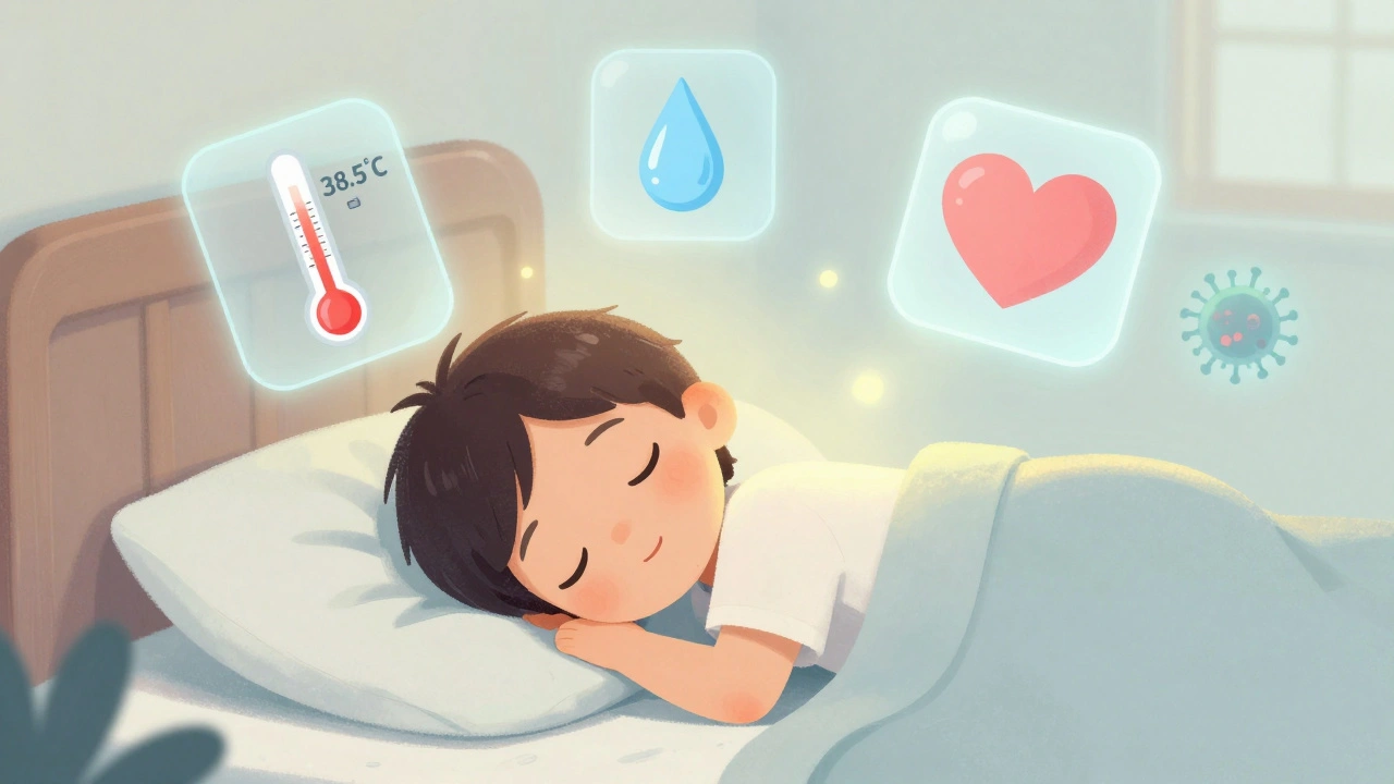 Dítě na posteli s přirozenými symboly imunitní reakce: teploměr, kapka vody, virus.