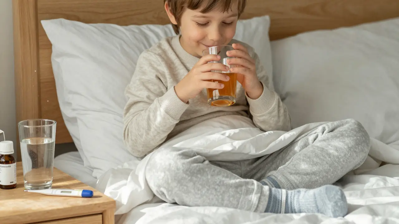 Dítě pije šťávu v posteli, oblečené jen ve svetříku a punčochách.