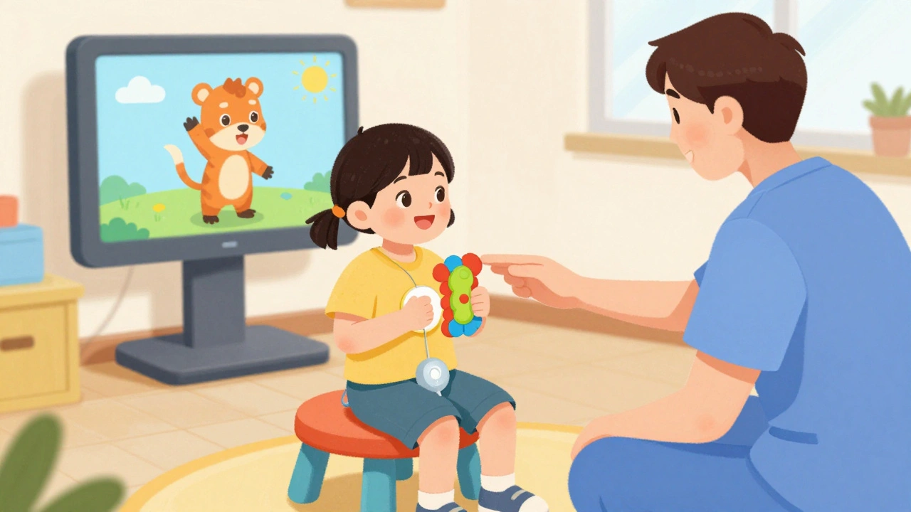 Dítě provádí cvičení pánevního dna pomocí biofeedbacku na barevném stoole s obrazovkou a hračkou.