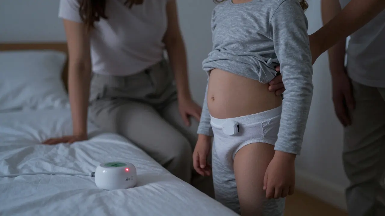 Dítě s močovým alarmem stojí u postele, rodiče ho podporují klidným přístupem.