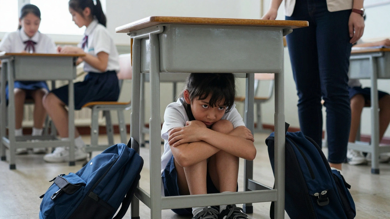 Dítě se schovává pod lavicí ve třídě, obklopeno nejasnými postavami.
