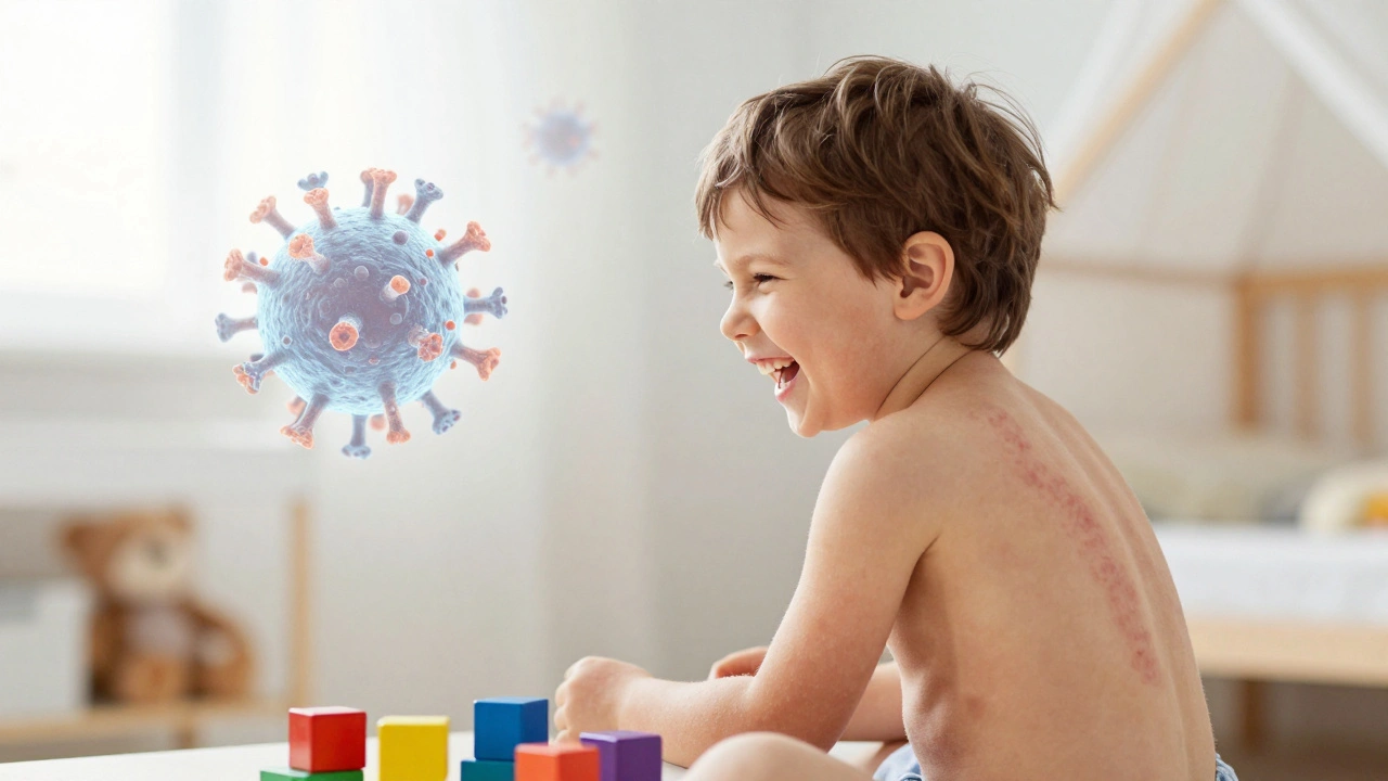 Dítě se směje, hraje si, vyrážka je jen stíny na kůži – znak uzdravení.