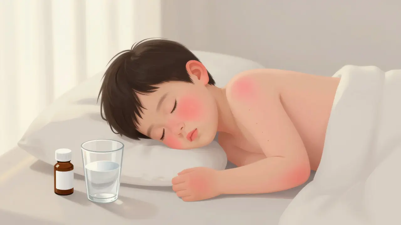 Dítě spí s jemnou růžovou vyrážkou na těle, ranní světlo, prázdná láhev a sklenice vody na nočním stolku.