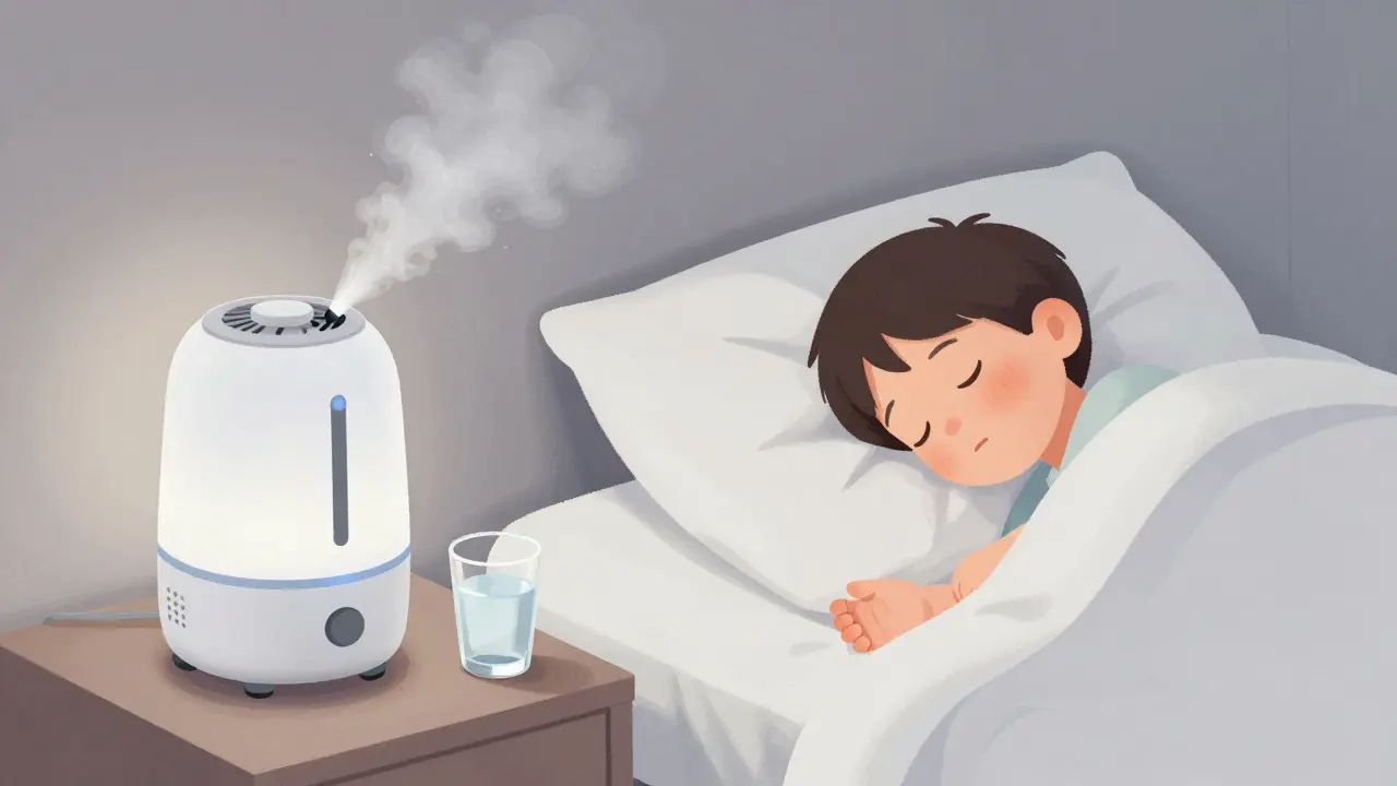 Dítě spí v klidné ložnici s vlhčovačem vzduchu a lékem na nočním stolku.