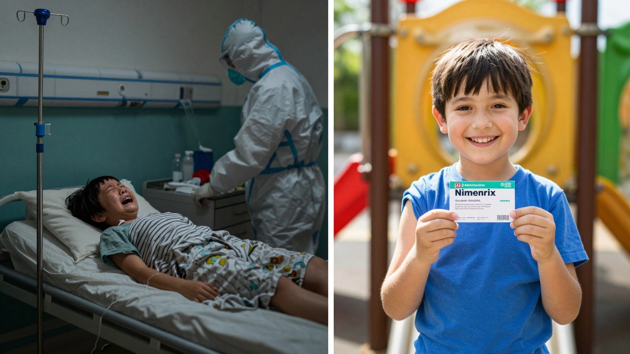 Dítě v nemocnici s meningokokovou infekcí vs. zdravé dítě po očkování.