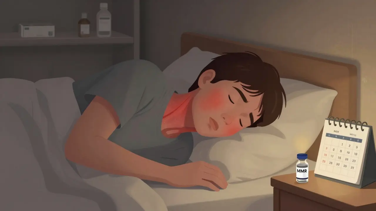 Dospělý muž s příznaky zarděnek leží v posteli, vedle něj je vakcína MMR a kalendář s označenými dny izolace.