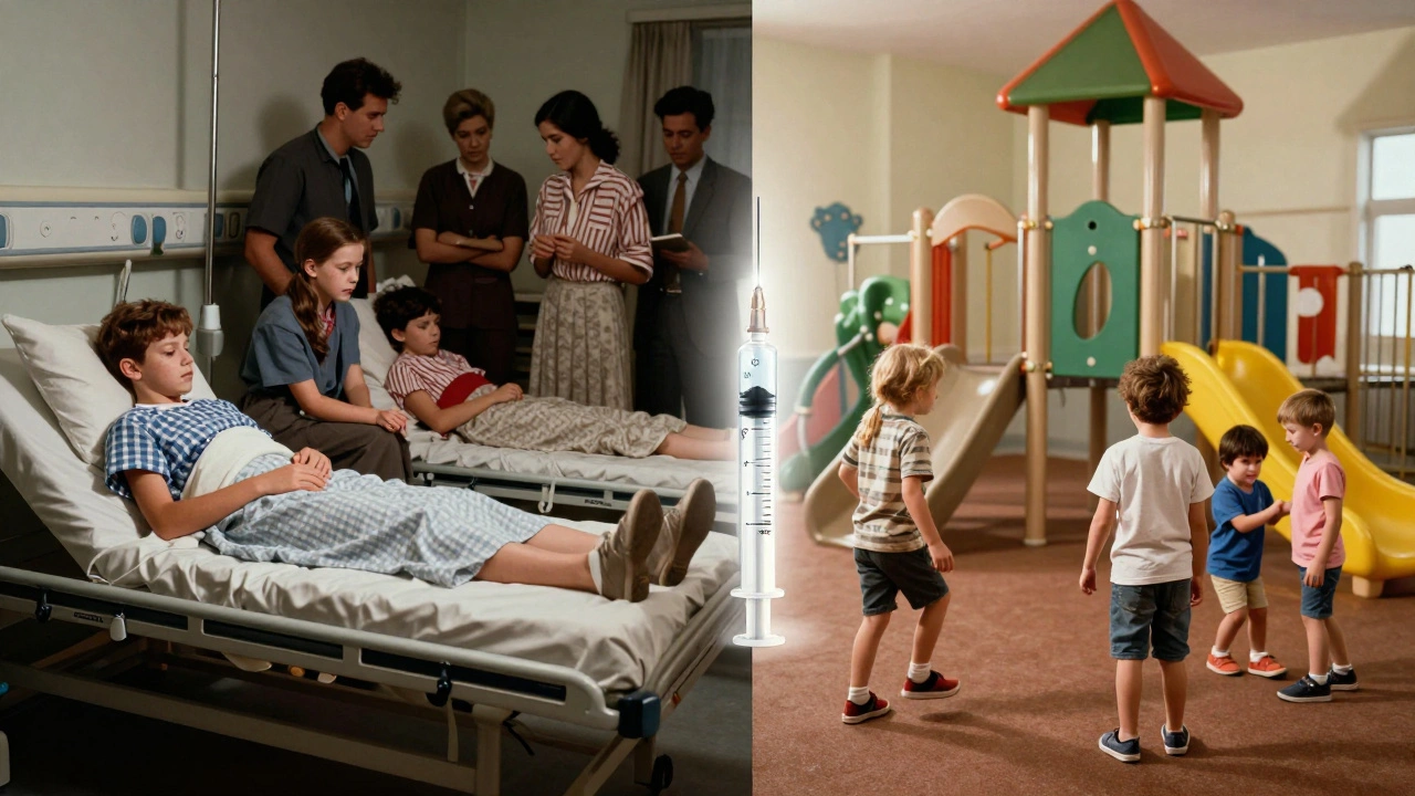 Dvě časové osy: temná nemocnice v 60. letech vs. živý hřiště dneška s MMR injekcí jako mostem.