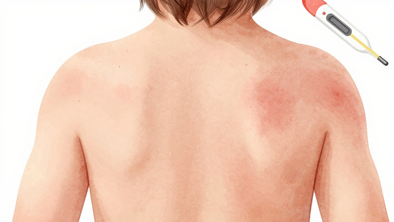 Jemná vyrážka na zádech dítěte po ustoupení horečky, znázorněná jemnými skvrnami.