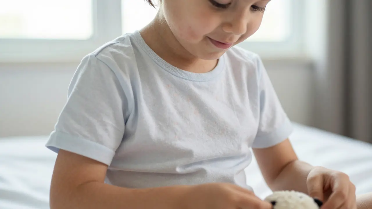 Jemná vyrážka na zádech dítěte, světlo z okna, klidná atmosféra.