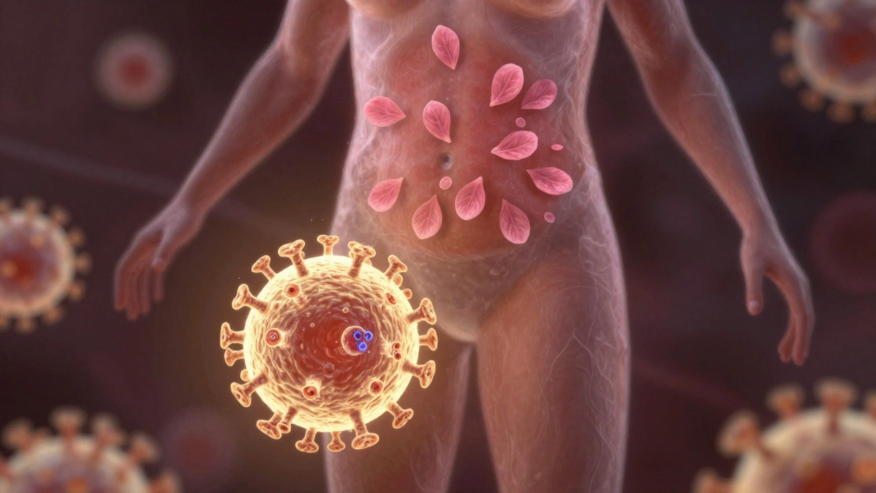 Koncepční obraz mikroskopického boje viru HHV-6 a vzniku vyrážky na kůži.