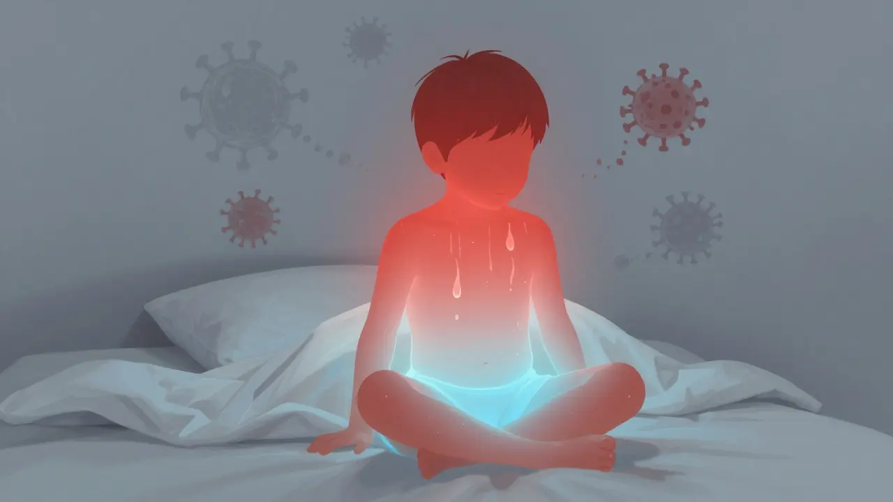 Koncepční obrázek těla dítěte, které přechází z horkého červeného stavu do chladného modrého — symbolizující přirozené ochlazování.